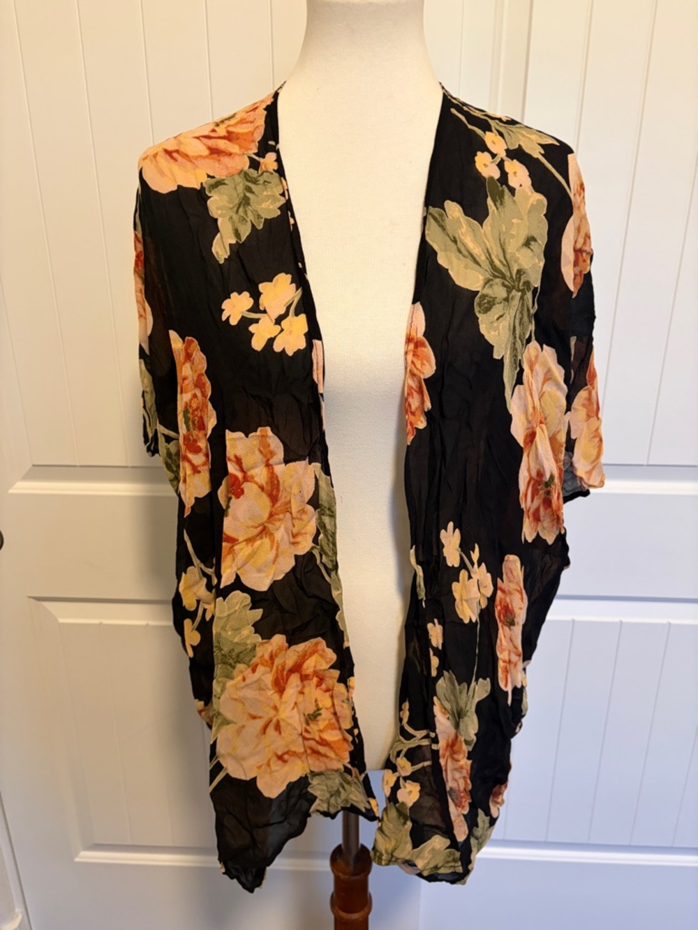 Black Floral Kimono with Peach and Green Blooms